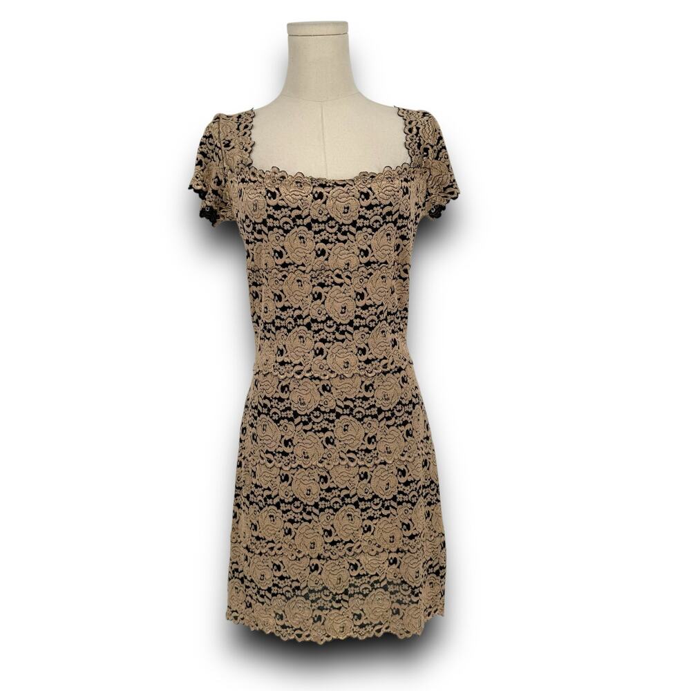 Casadei Gold Stretch Lace Mini Dress, Size M Y2K Vintage Cocktail Party Designer